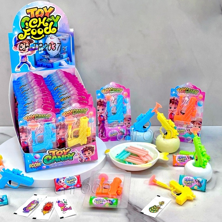 Low MOQ Wholesale 2in1 Fruity Bubble Gum with Small Plastic Toy Gun OEM Chewing Gum with Toy for Children Promotional Candy Toy