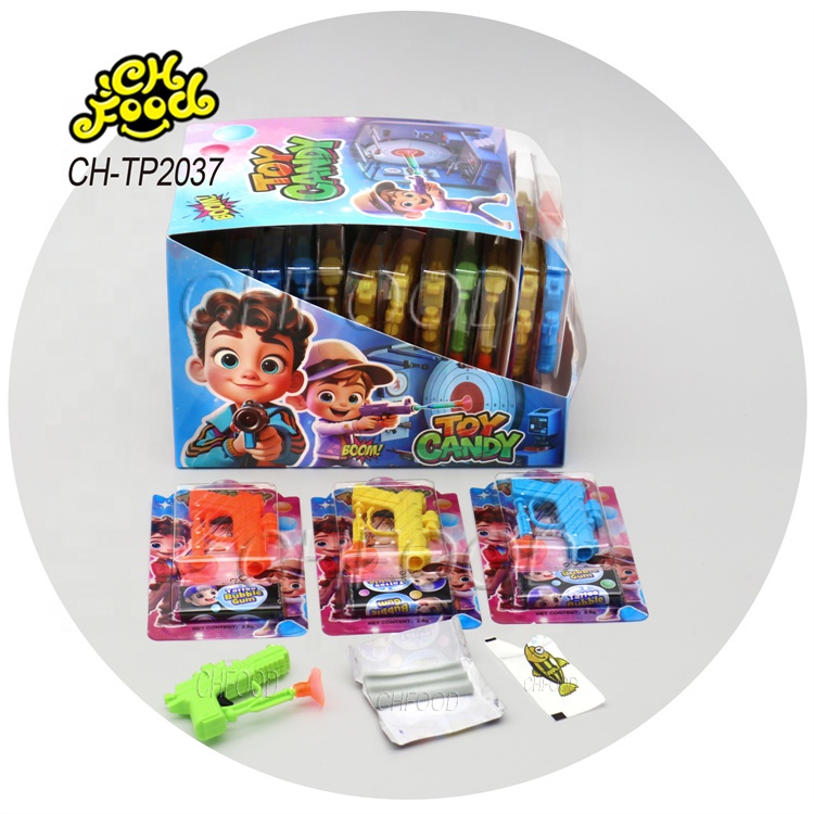 Low MOQ Wholesale 2in1 Fruity Bubble Gum with Small Plastic Toy Gun OEM Chewing Gum with Toy for Children Promotional Candy Toy