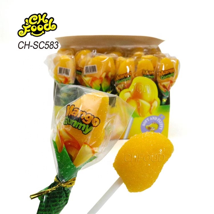 Halal 3D Sugar Coated Mango Shape Gummy Jelly Candy Lollipop Wholesale and Custom China Sweets Candy Snack