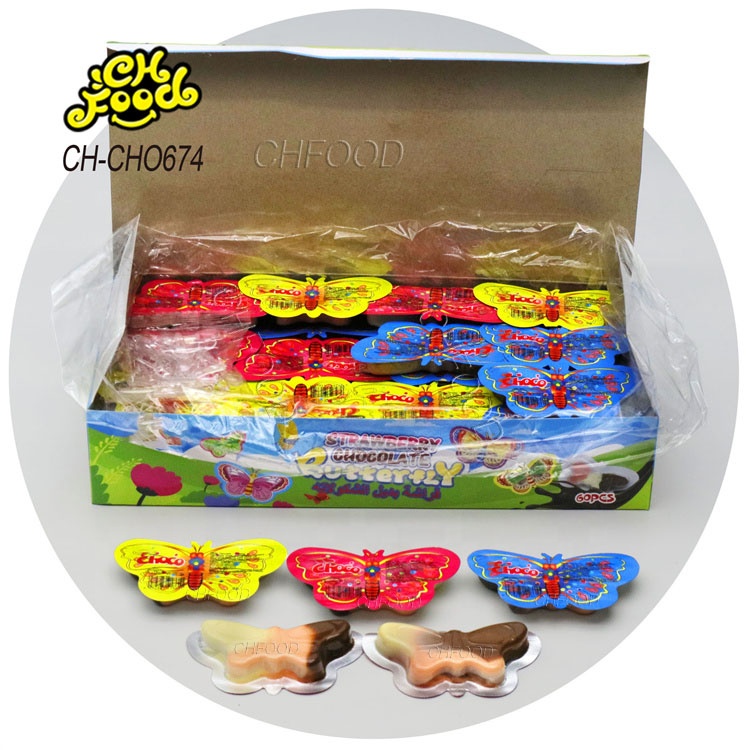 OEM Halal Candy 3in1 Choco Milk and Strawberry Flavor Butterfly Shape Chocolate Jam for Kids
