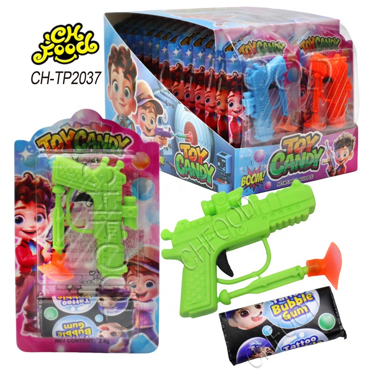 Low MOQ Wholesale 2in1 Fruity Bubble Gum with Small Plastic Toy Gun OEM Chewing Gum with Toy for Children Promotional Candy Toy