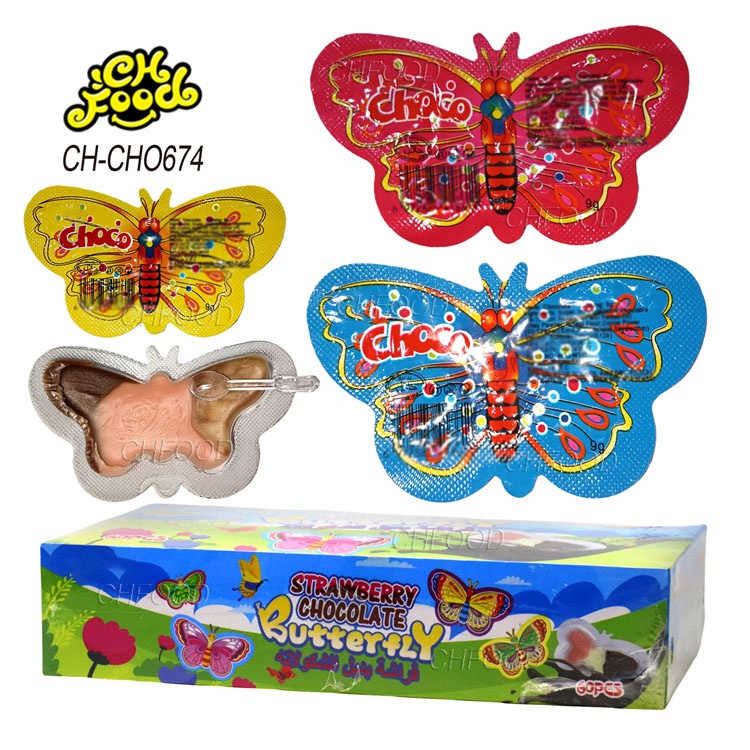 OEM Halal Candy 3in1 Choco Milk and Strawberry Flavor Butterfly Shape Chocolate Jam for Kids