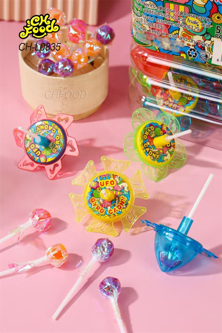 Wholesale Halal Plastic UFO Gyro Candy Toy Spinning Top Toy with Lollipop Candy Sweets for Kids