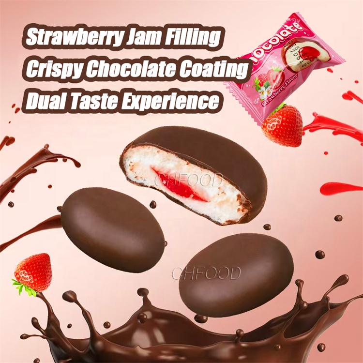 New Halal Crispy Chocolate Coated Strawberry Jam Filled Marshmallow Sweets Candy Wholesale