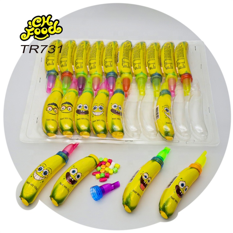 Wholesale and OEM Plastic Whistle Banana Shape Toy with Fruit Flavor Tablet Candy Sweet Snack Food for Kids Halal Candy Toy