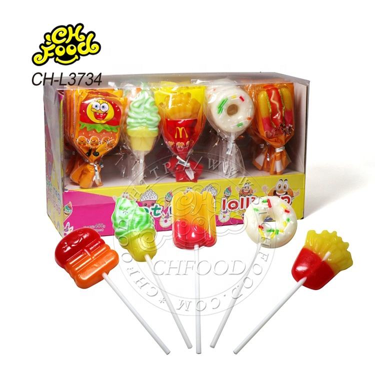 OEM Halal Fruit Ice Cream Popsicle Hamburger Doughnut French Fries Shape Lollipop Hard Candy Sweets Halal Pin Pop Lollipop