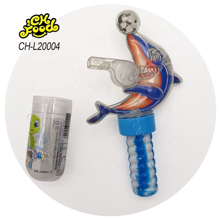 China Supplier Plastic Whistle Football Dolphin Toy with Nipple Shape Hard Candy Lollipop for Kids