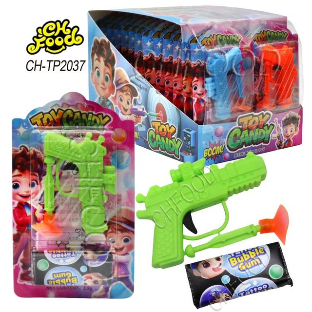 Low MOQ Wholesale 2in1 Fruity Bubble Gum with Small Plastic Toy Gun OEM Chewing Gum with Toy for Children Promotional Candy Toy