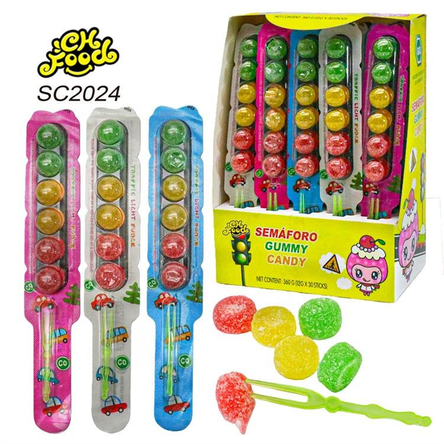 Wholesale and OEM Custom Individual Label Traffic Safety Lights Shape Candy Toy Sugar Coated Fruit Flavor Gummy Candy Ball Kids