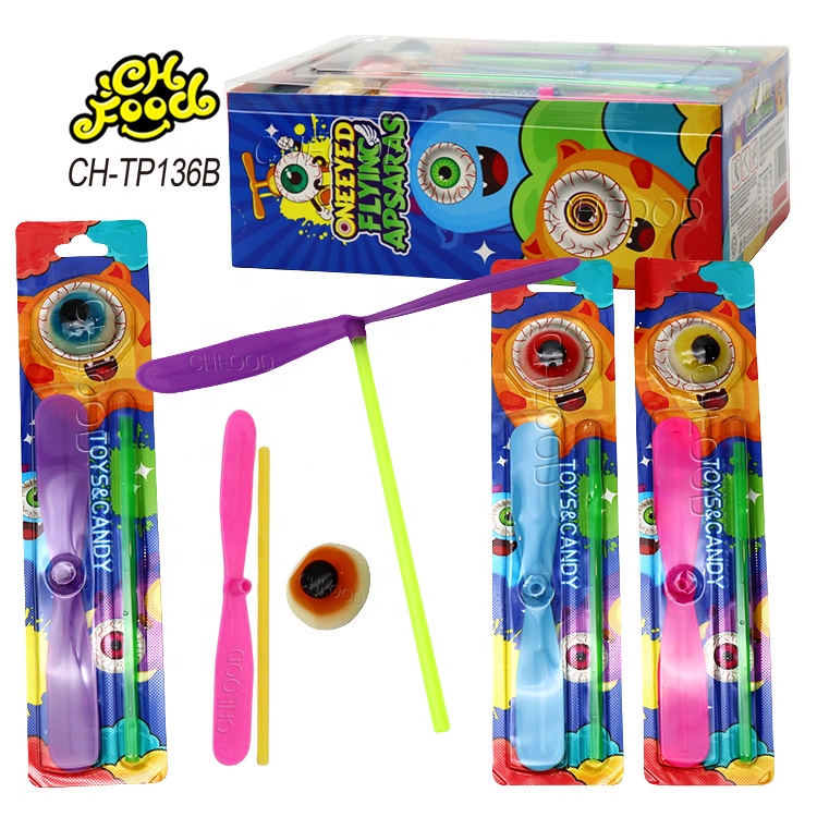 Low MOQ Wholesale Halal 3D Eyeball Gummy Candy with Plastic Bamboo Dragonfly Toy for Kids