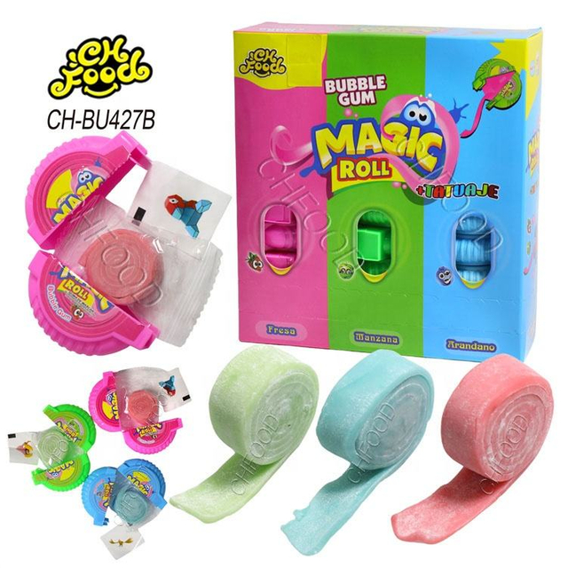 New Design OEM High Quality Fruit Flavor Crazy Roll Chewing Bubble Gum with Tattoo Wholesale Halal Gum Candy Sweets