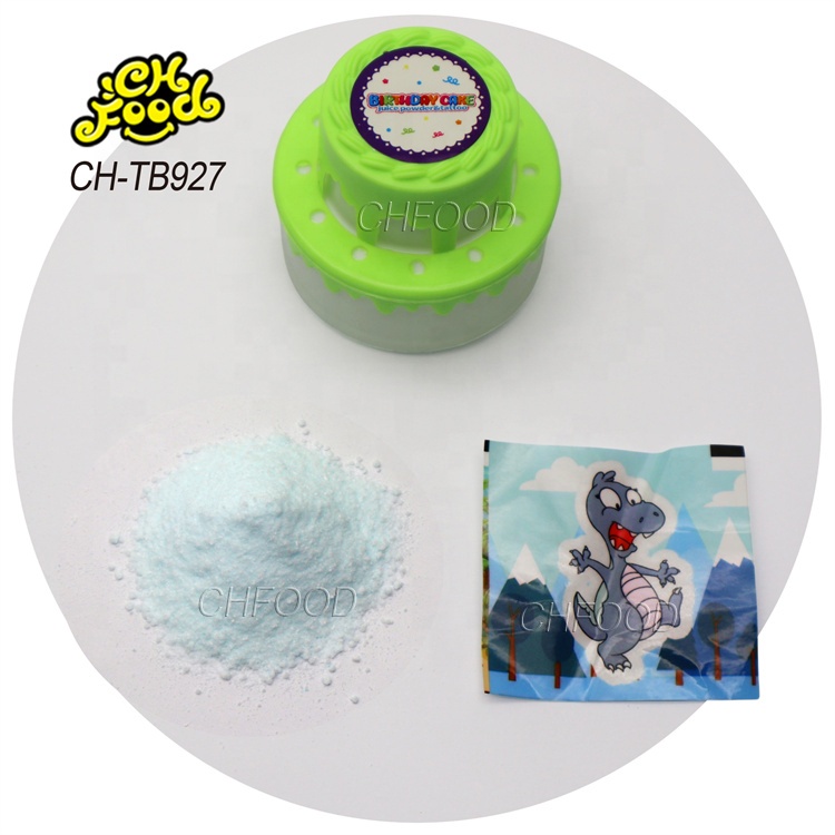 China Factory Cheap Plastic Birthday Cake Shape Toys with Fruit Flavor Sour Powder Candy Sweets and Cartoon Tattoo