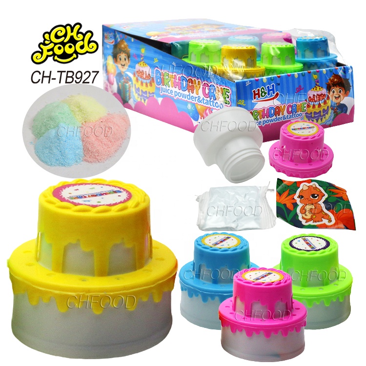 China Factory Cheap Plastic Birthday Cake Shape Toys with Fruit Flavor Sour Powder Candy Sweets and Cartoon Tattoo