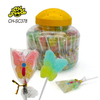 Wholesale Halal Cartoon Fruit Flaovr Sugar Coated Butterfly Gummy Soft Candy Lollipop Sweets Custom Kids Snack