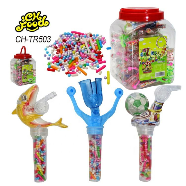 Low MOQ Small Plastic Dolphin and Football Whistle Shaking Needle Toys with Colorful Candy for Kids