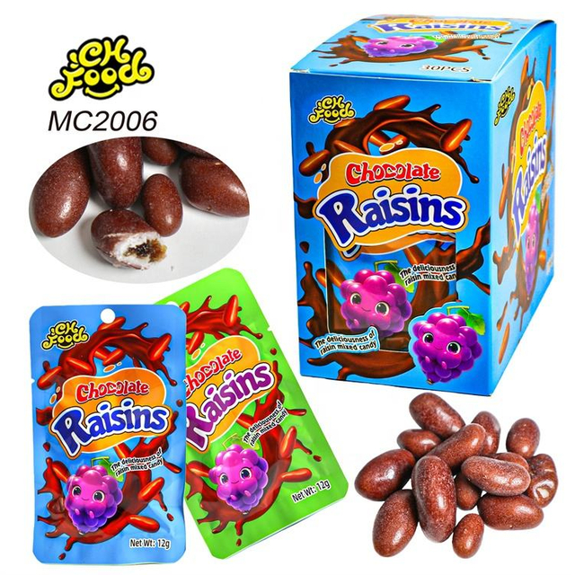 OEM Chocolate Raisins Wholesale Crispy Chocolate Coated Milk Soft Candy Raisins Center Filling Sweets Snack Food Halal
