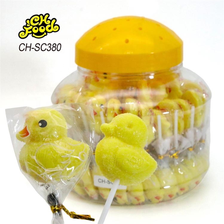 New 3d Cartoon Yellow Duck Shape Gummy Soft Candy Lollipop for Kids Wholesale and OEM Sweets Snack
