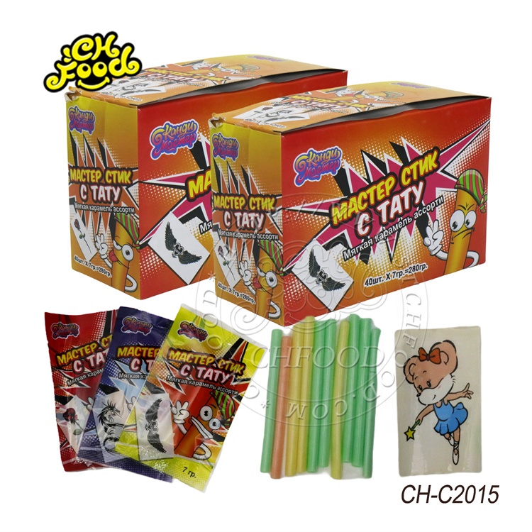 Halal Fruit Flavor CC Stick Candy Sour Powder Straw Candy with Cartoon Tattoo