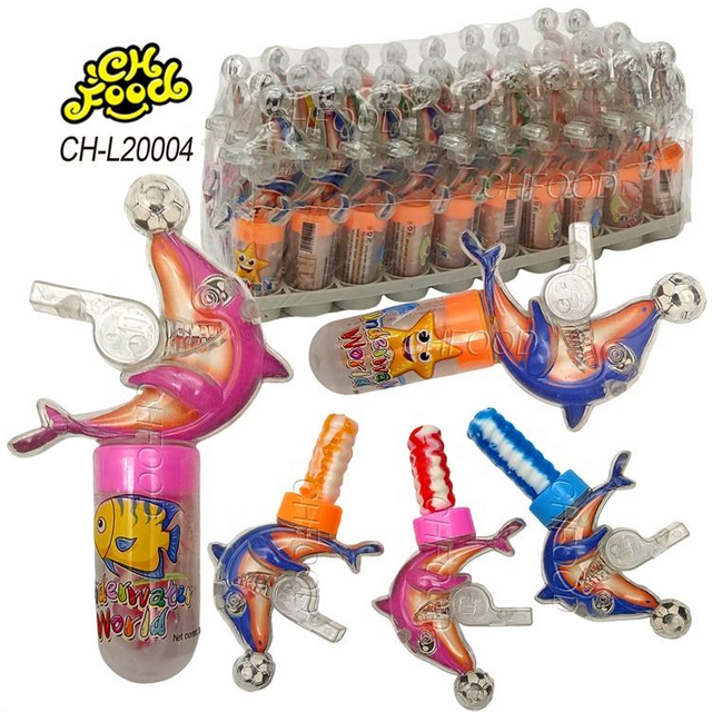 China Supplier Plastic Whistle Football Dolphin Toy with Nipple Shape Hard Candy Lollipop for Kids
