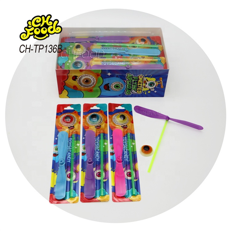 Low MOQ Wholesale Halal 3D Eyeball Gummy Candy with Plastic Bamboo Dragonfly Toy for Kids