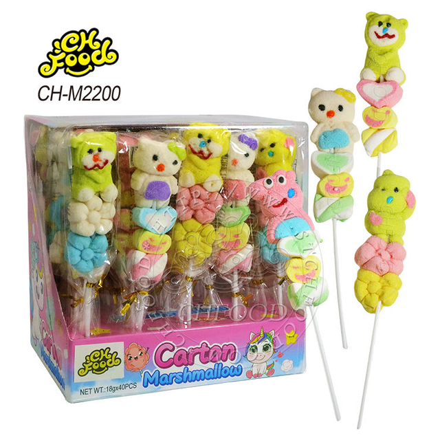Halal BBQ Cartoon Cat Bear Pig Dinosaur with Heart Smiling Face Twist and Flower Shape Marshmallow Lollipop Cotton Candy Sweets