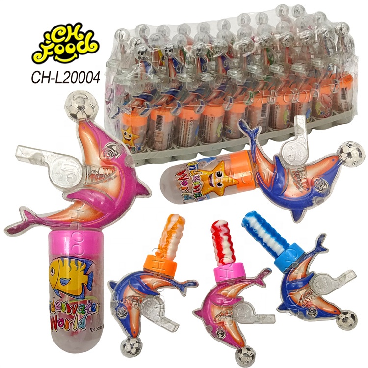 China Supplier Plastic Whistle Football Dolphin Toy with Nipple Shape Hard Candy Lollipop for Kids