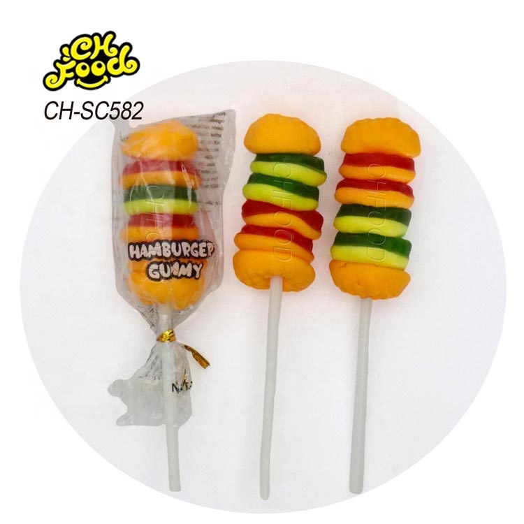 Hot Halal Hamburger Gummy Jelly Lollipop Candy Sweets Wholesale and Custom Children Food Snack