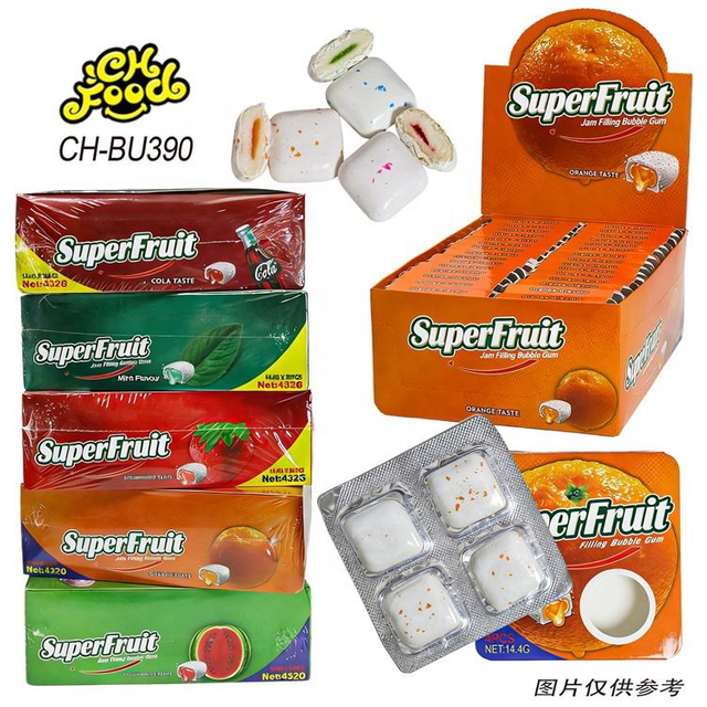 Wholesale Hot Selling 4pcs Chewing Gum OEM Cola Mint Fruit Strawberry Orange Watermelon Flavor Jelly Jam Filled Bubble Gum Halal