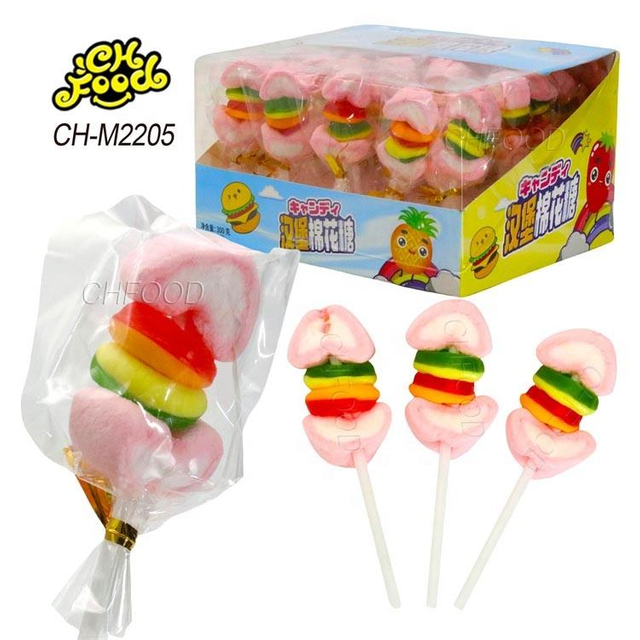 Custom Cheap Halal New Heart Shape Marshmallow with Hamburger Gummy Candy Valentine's Day Candies Fruit Flavor Cotton Candy