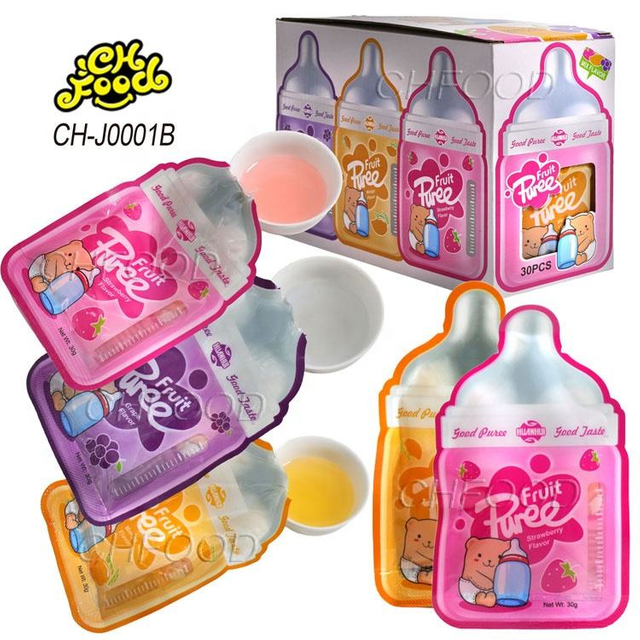 Low MOQ Wholesale Mix Fruit Flavor Puree Jelly Jam Liquid Candy Sweet Kids Sweets Snack OEM China Candy Halal Drink Candy