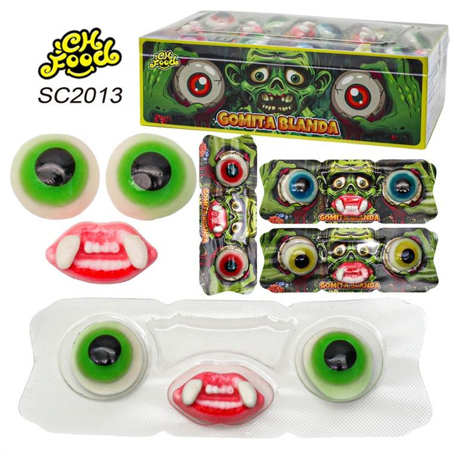 Halal 2in1 Eyes Tooth Shape Halloween and Easter Fruit Flavor Sour Sweet Soft Chewy Gummy Candies Wholesale OEM Factory