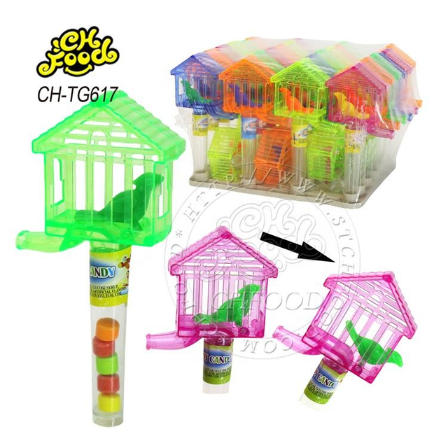 Custom Cheap Plastic Whistle Bird Cage Toy with Tablet Candy for Kids