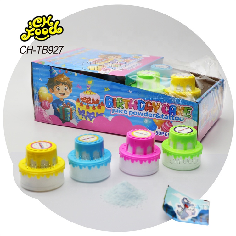 China Factory Cheap Plastic Birthday Cake Shape Toys with Fruit Flavor Sour Powder Candy Sweets and Cartoon Tattoo