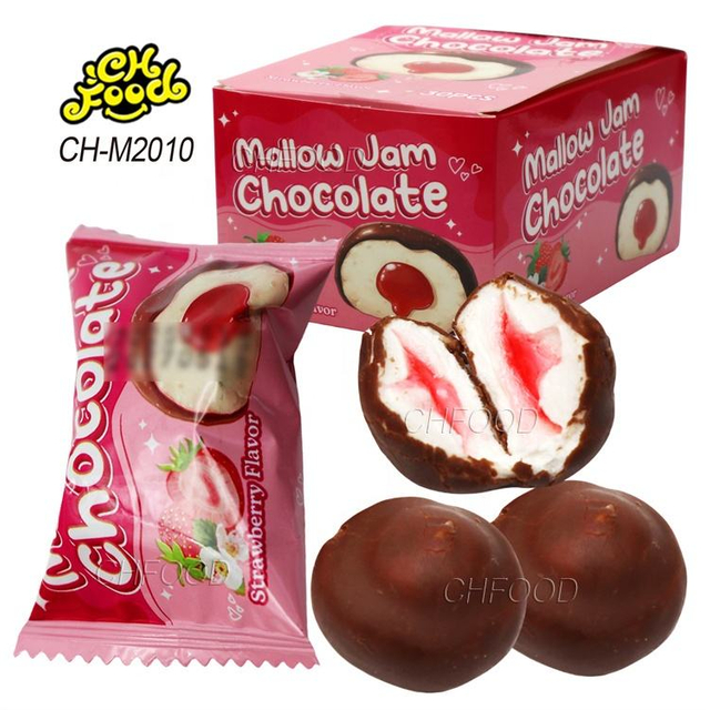 New Halal Crispy Chocolate Coated Strawberry Jam Filled Marshmallow Sweets Candy Wholesale