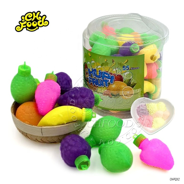 Manufacturers Funny Toy Candy Fruit Shape Bottle Sour Powder Candy Sweet In Mesh Bag