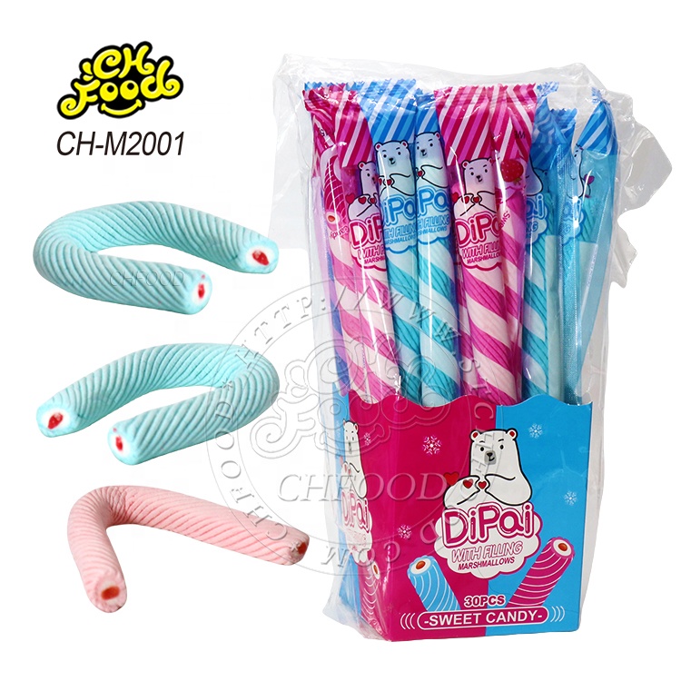 Customized and Wholesale Halal Fruit Flavor Long Twist Stick Marshmallow with Jam Candy Sweets Best Selling in China