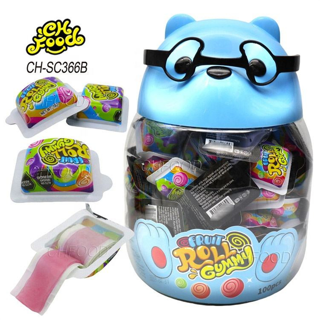 Halal Fruit Flavor Roll Gummy Candy in Glass Bear Bottle Factory Wholesale and OEM Soft Candy Sweets for Kids