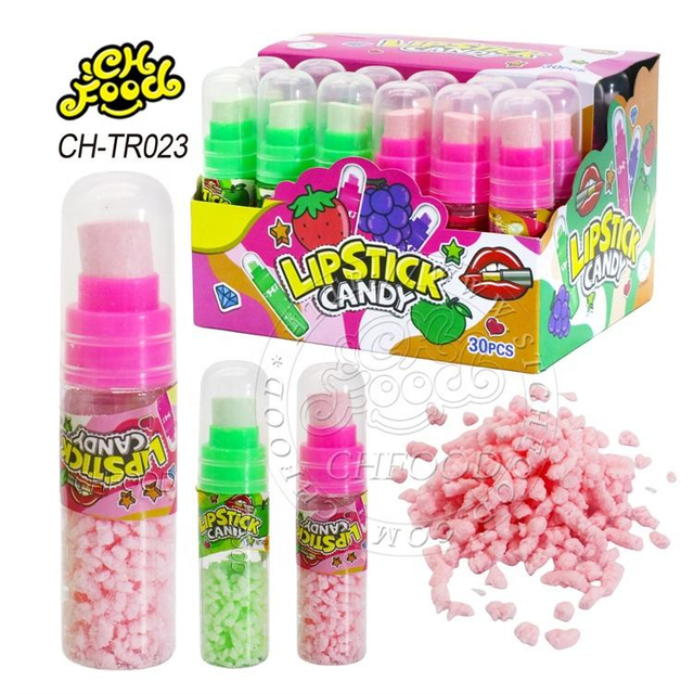 Low MOQ Finger Push Lipstick Fruit Flavor Tablet Candy with Sour Powder Candy Sweets Toy Custom Lollipop for Kids