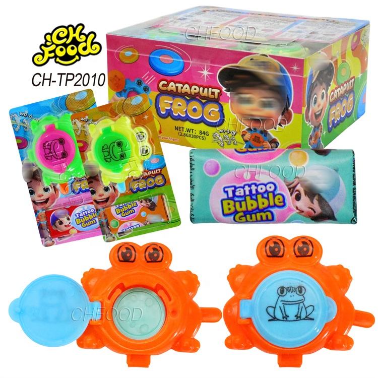 Wholesale Frog Shape Flying Saucer Toy with Tattoo Sticker Bubble Gum Chewing Halal Candy Sweets Toy Candy for Children