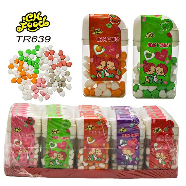 Custom Individual Label Plastic Bottle Packing Fruit Flavor Heart Shape Tablet Candy Wholesale Halal Candy Toy
