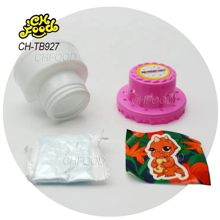 China Factory Cheap Plastic Birthday Cake Shape Toys with Fruit Flavor Sour Powder Candy Sweets and Cartoon Tattoo