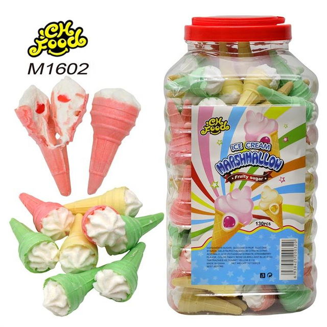 Low MOQ Wholesale Hot Selling Ice Cream Shape Crispy Crust Marshmallow Filled with Strawberry Fruit Jam Halal Snack Food Custom
