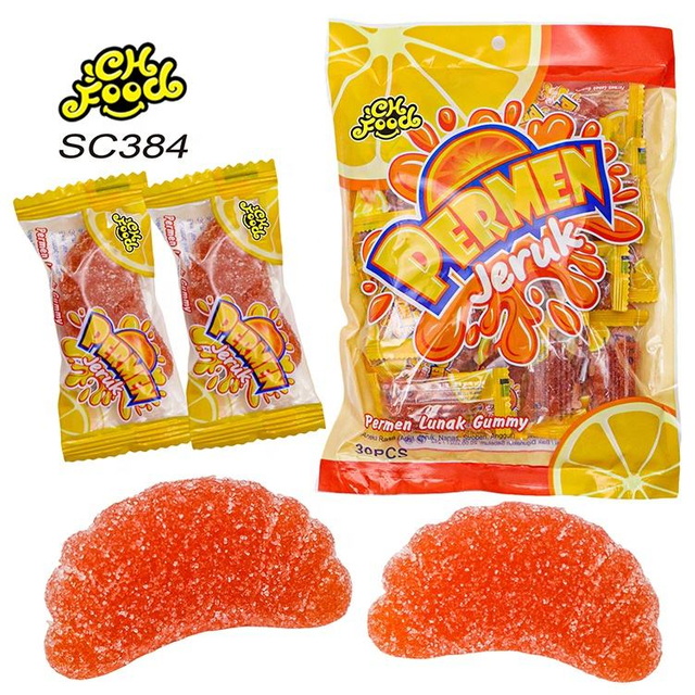 Hot Selling Sugar Coated Fruit Flavor Orange Slice-shaped Gummy Candy OEM Soft Halal Chewy Candy Sweet China Factory