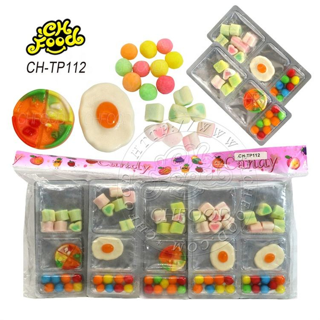 China Cheap Pizza and Fried Egg Gummy Candy with Puffed Candy and Heart Marshmallow Children's Candies