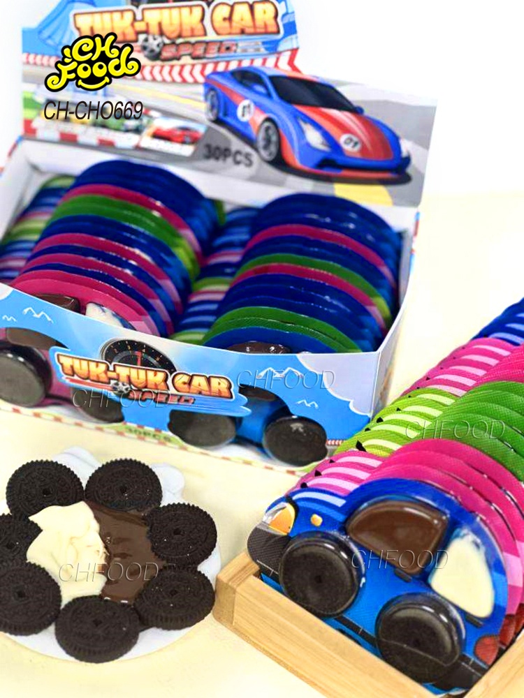 Wholesale New Item Halal Chocolate Jam with Mini Round Biscuits Car Shape Candy Toys for Kids Snack Food