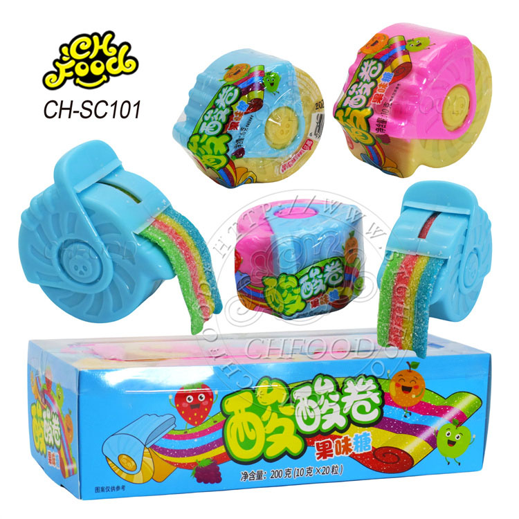 Custom Halal Sugar-coated Colorful Fruity Sour Roll Belt Gummy Jelly Candy Sweets Soft Chewy Candy Toys Snack