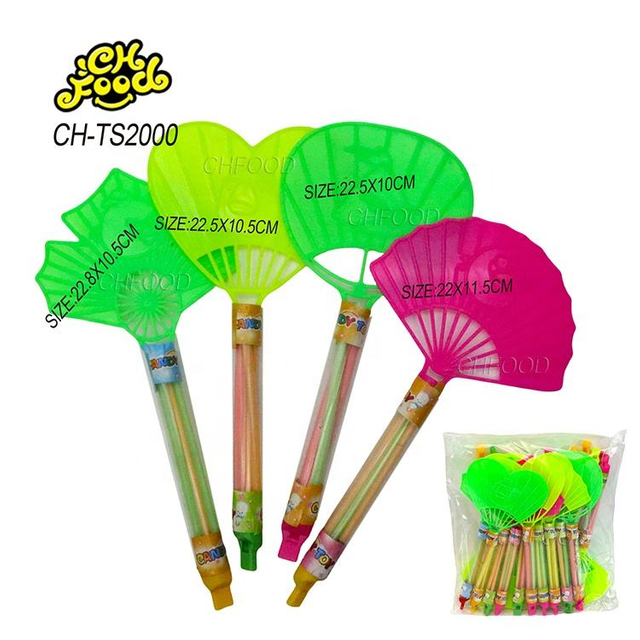 Low MOQ Wholesale Cheap Plastic Long Stick Hand Fan Toy with Mini Tablet Candy for Kids