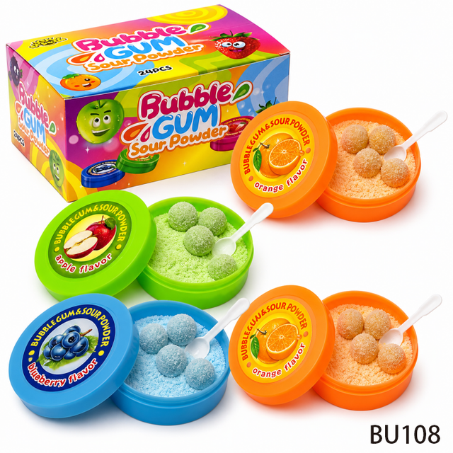 Customize Fruit Sour Powder Bubble Gum Halal Sweet Chewing Gum with Sour Powder Candy for Kids Wholesale